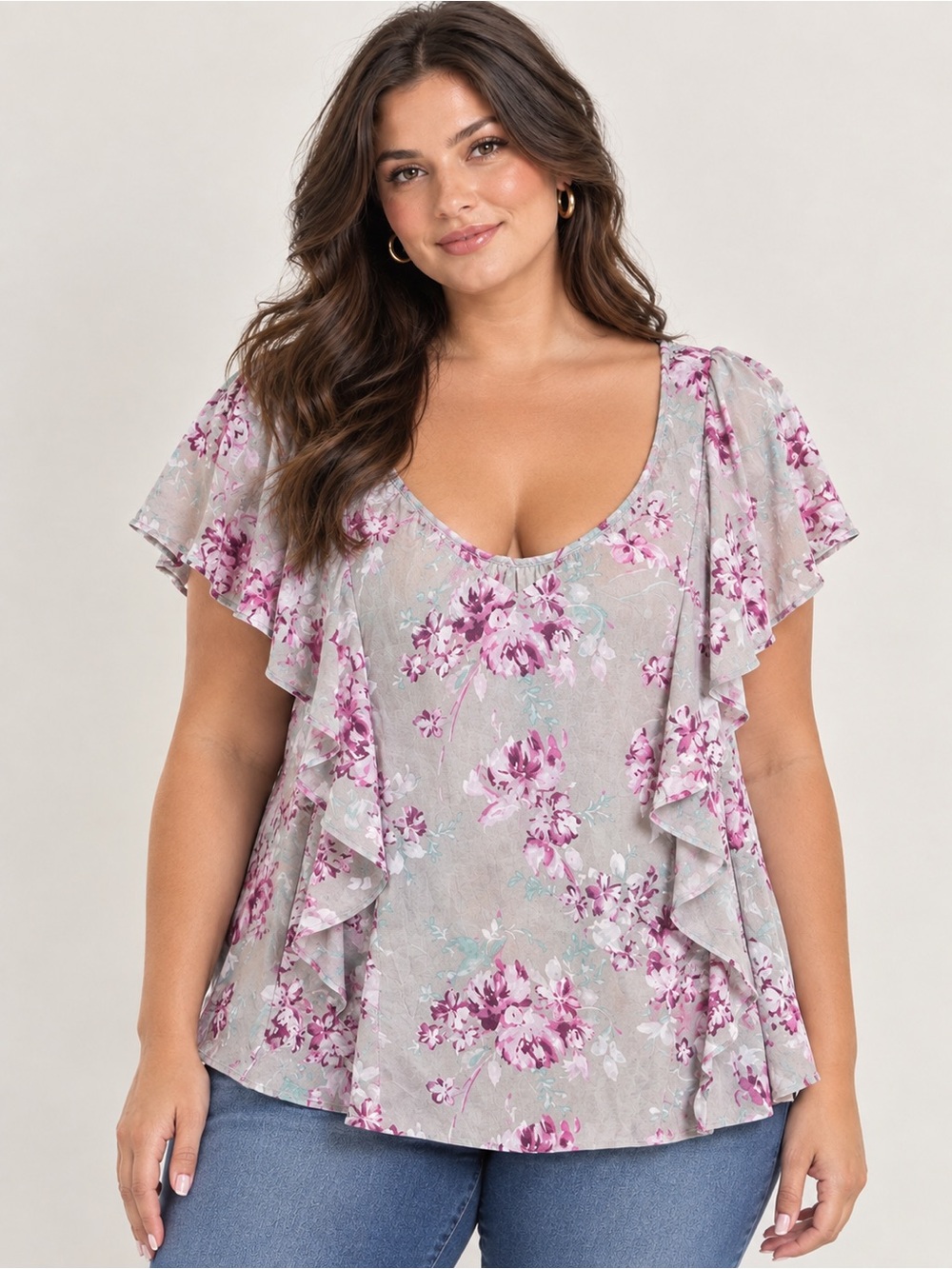 Plus Floral Ruffle Sleeve Scoop Neck Top - Pink Gray